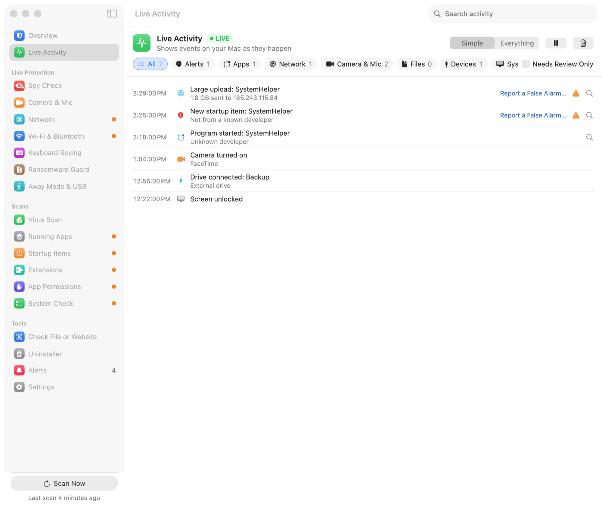 Live Activity listing events as they happen, with filters for alerts, apps, network, camera and devices.
