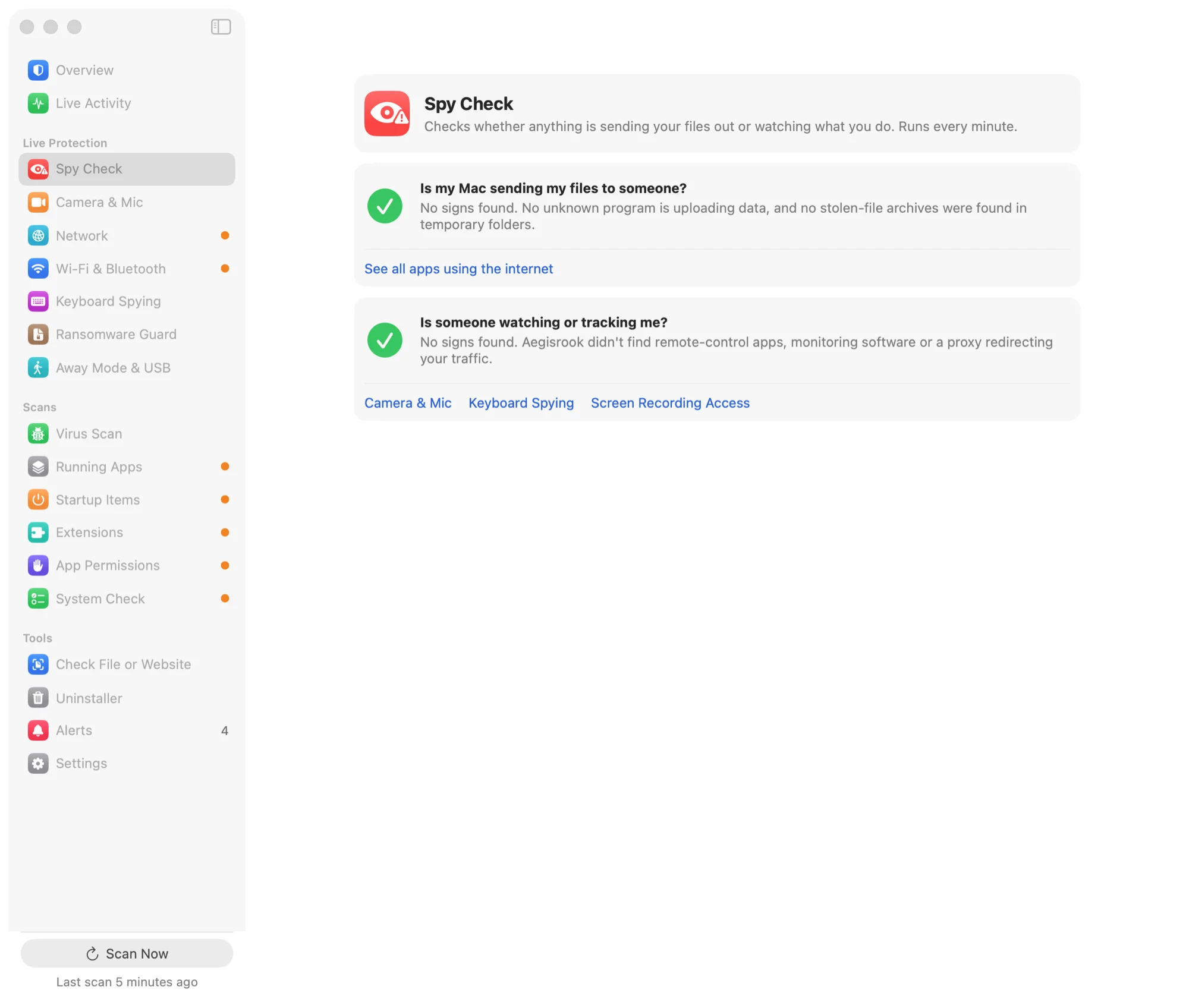 Spy Check answering whether the Mac is sending files out and whether anyone is watching.