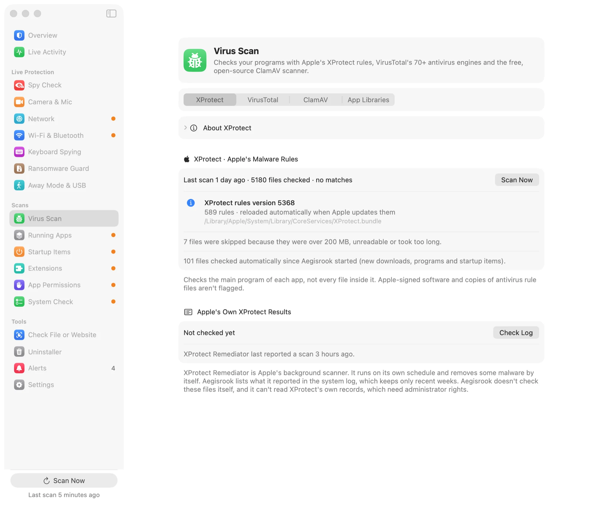 Virus Scan: a scan of the Mac using Apple's malware rules, with optional VirusTotal and ClamAV checks.